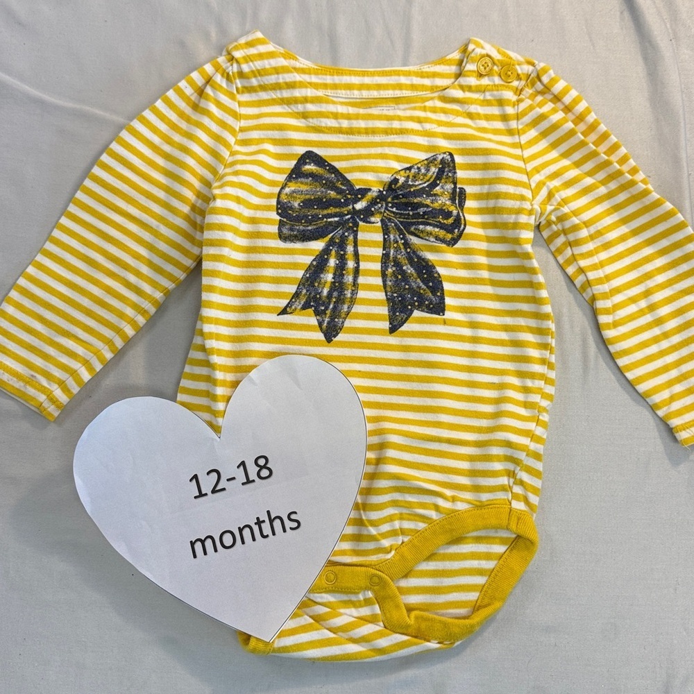 GAP - Yellow and White Striped Long sleeve Bodysuit/Onesie with Navy Bow